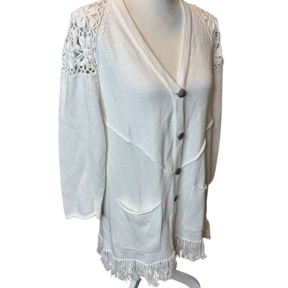 Akira ART TO WEAR White Long Button Cardigan FRINGE Jacket Cottagecore SZ S - Picture 2 of 6